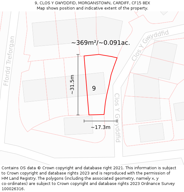 9, CLOS Y GWYDDFID, MORGANSTOWN, CARDIFF, CF15 8EX: Plot and title map