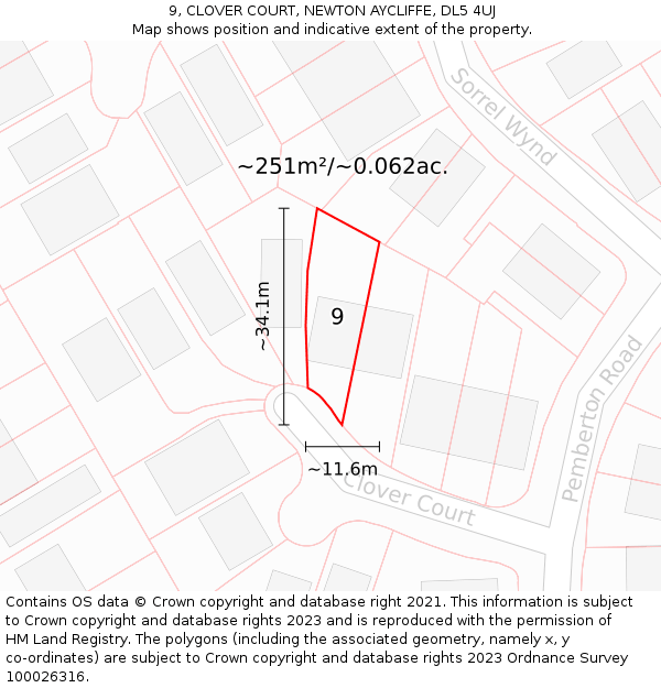 9, CLOVER COURT, NEWTON AYCLIFFE, DL5 4UJ: Plot and title map