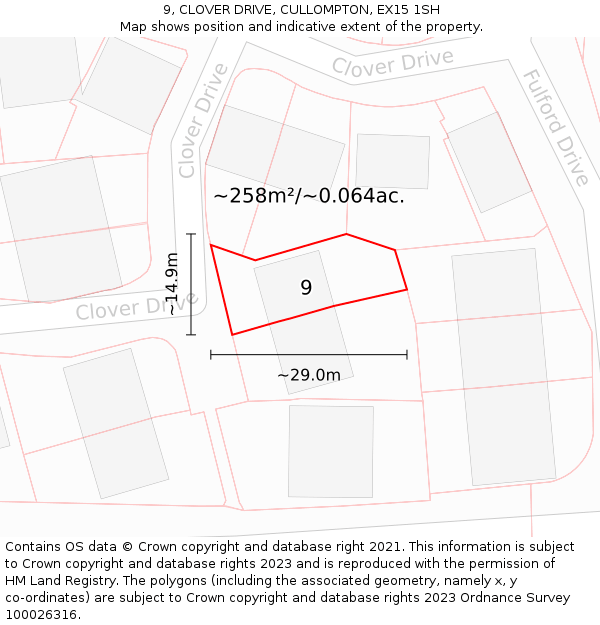 9, CLOVER DRIVE, CULLOMPTON, EX15 1SH: Plot and title map