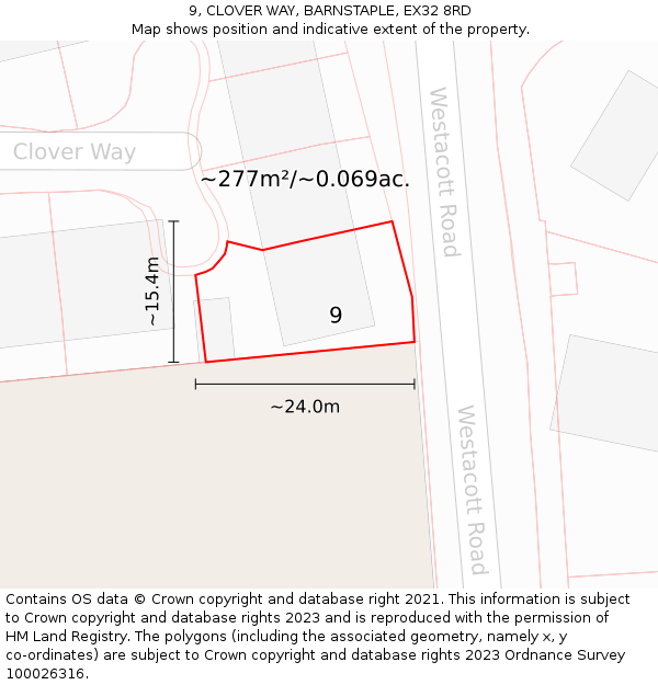 9, CLOVER WAY, BARNSTAPLE, EX32 8RD: Plot and title map