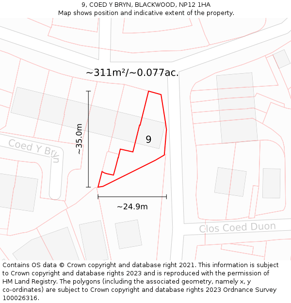 9, COED Y BRYN, BLACKWOOD, NP12 1HA: Plot and title map