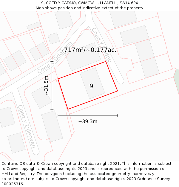 9, COED Y CADNO, CWMGWILI, LLANELLI, SA14 6PX: Plot and title map