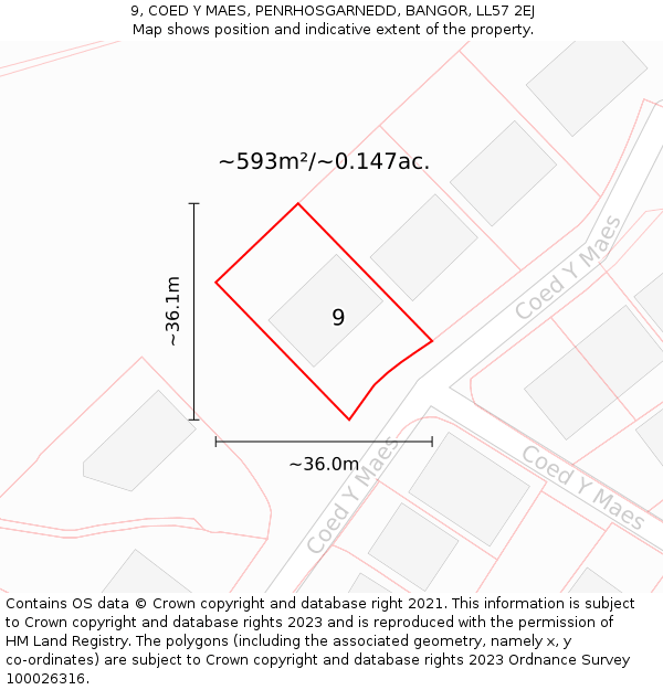 9, COED Y MAES, PENRHOSGARNEDD, BANGOR, LL57 2EJ: Plot and title map