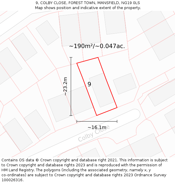 9, COLBY CLOSE, FOREST TOWN, MANSFIELD, NG19 0LS: Plot and title map