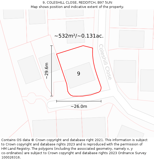 9, COLESHILL CLOSE, REDDITCH, B97 5UN: Plot and title map