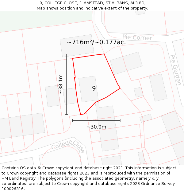 9, COLLEGE CLOSE, FLAMSTEAD, ST ALBANS, AL3 8DJ: Plot and title map