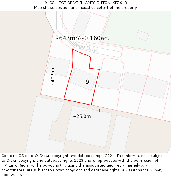 9, COLLEGE DRIVE, THAMES DITTON, KT7 0LB: Plot and title map