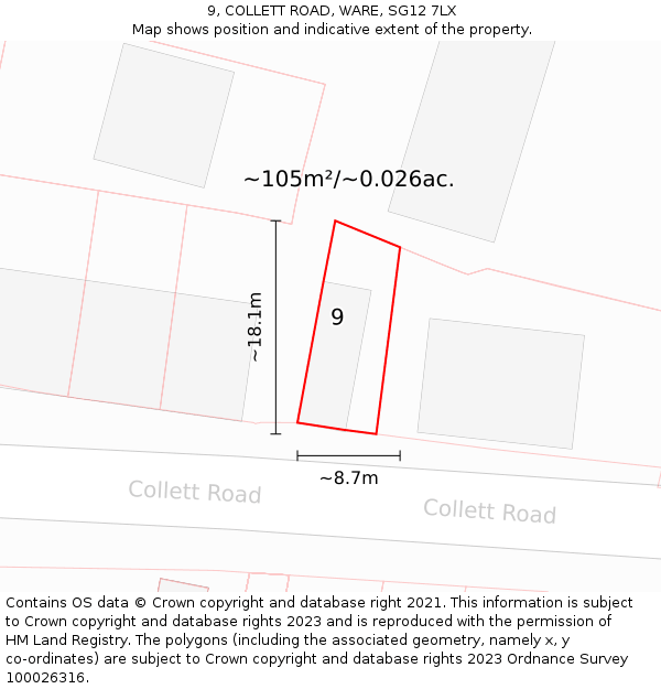 9, COLLETT ROAD, WARE, SG12 7LX: Plot and title map