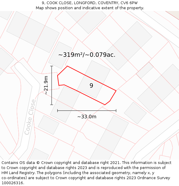 9, COOK CLOSE, LONGFORD, COVENTRY, CV6 6PW: Plot and title map