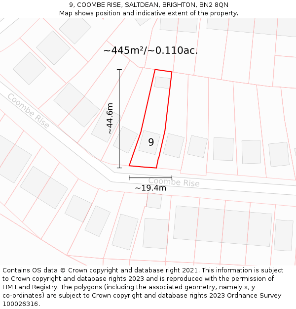 9, COOMBE RISE, SALTDEAN, BRIGHTON, BN2 8QN: Plot and title map