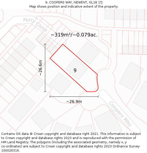 9, COOPERS WAY, NEWENT, GL18 1TJ: Plot and title map