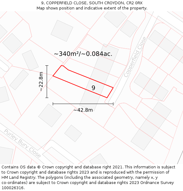 9, COPPERFIELD CLOSE, SOUTH CROYDON, CR2 0RX: Plot and title map