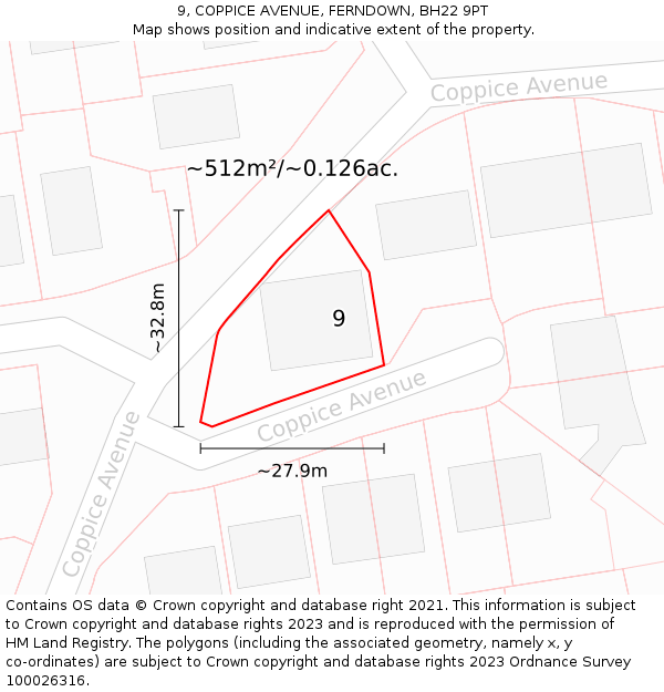 9, COPPICE AVENUE, FERNDOWN, BH22 9PT: Plot and title map