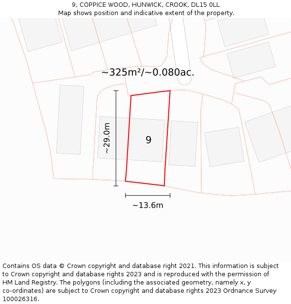 9, COPPICE WOOD, HUNWICK, CROOK, DL15 0LL: Plot and title map