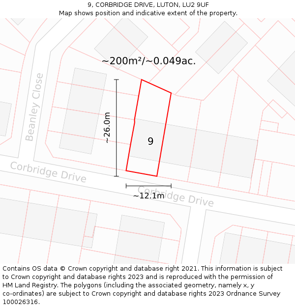 9, CORBRIDGE DRIVE, LUTON, LU2 9UF: Plot and title map