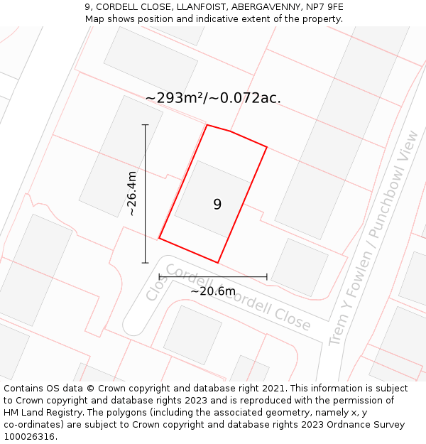 9, CORDELL CLOSE, LLANFOIST, ABERGAVENNY, NP7 9FE: Plot and title map