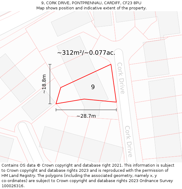 9, CORK DRIVE, PONTPRENNAU, CARDIFF, CF23 8PU: Plot and title map