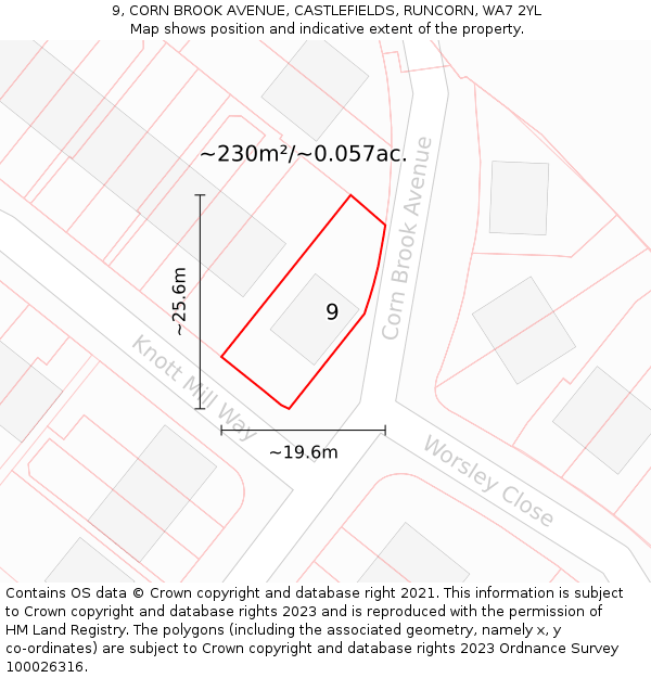 9, CORN BROOK AVENUE, CASTLEFIELDS, RUNCORN, WA7 2YL: Plot and title map