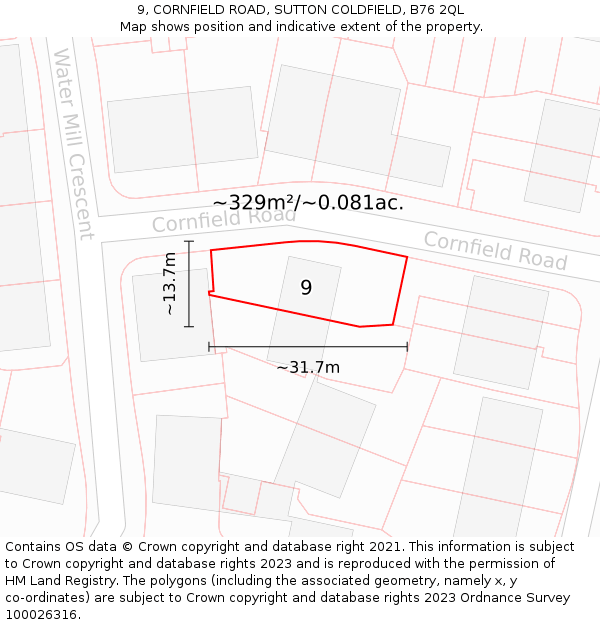 9, CORNFIELD ROAD, SUTTON COLDFIELD, B76 2QL: Plot and title map