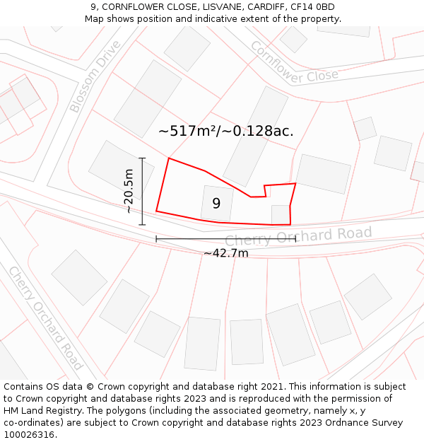 9, CORNFLOWER CLOSE, LISVANE, CARDIFF, CF14 0BD: Plot and title map