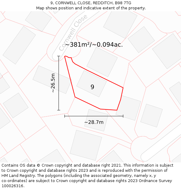 9, CORNWELL CLOSE, REDDITCH, B98 7TG: Plot and title map