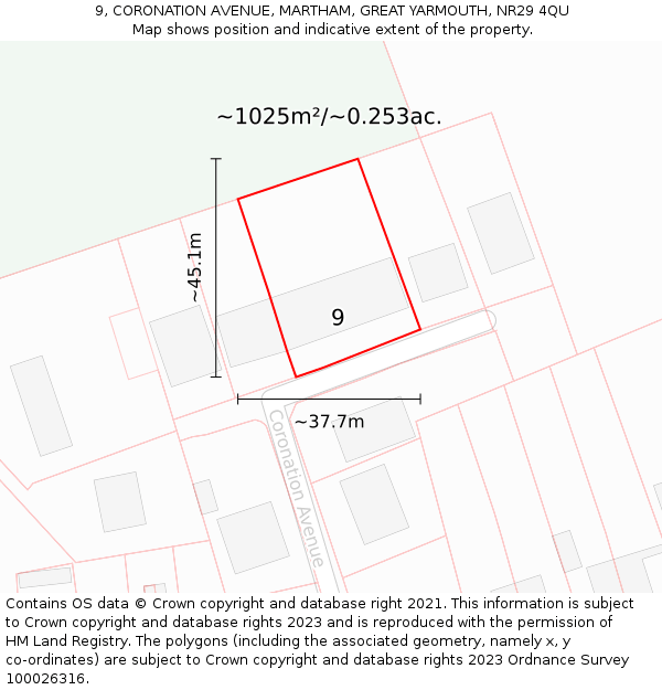 9, CORONATION AVENUE, MARTHAM, GREAT YARMOUTH, NR29 4QU: Plot and title map