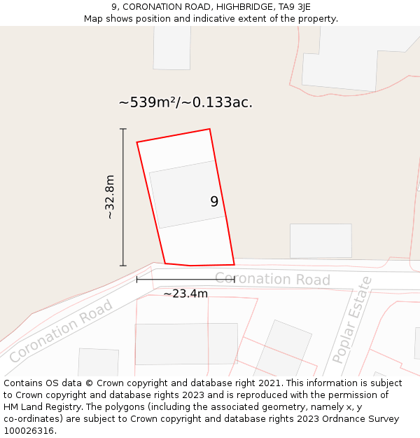 9, CORONATION ROAD, HIGHBRIDGE, TA9 3JE: Plot and title map