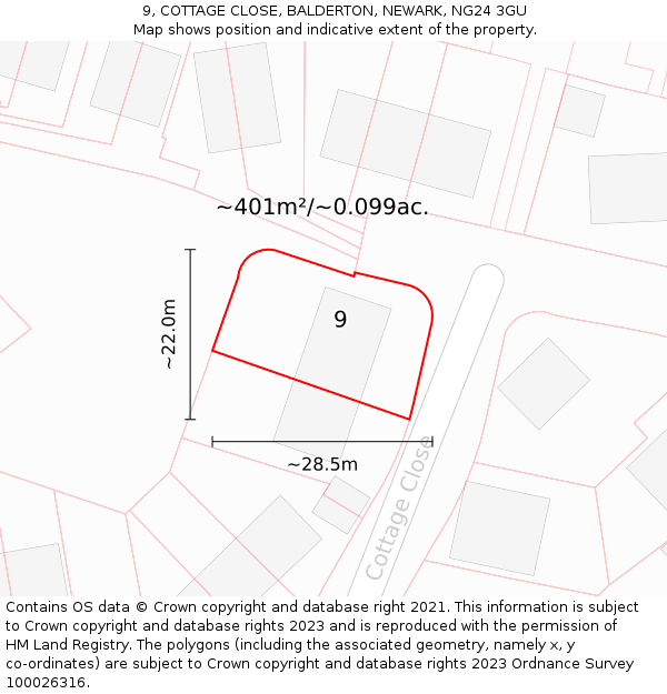 9, COTTAGE CLOSE, BALDERTON, NEWARK, NG24 3GU: Plot and title map