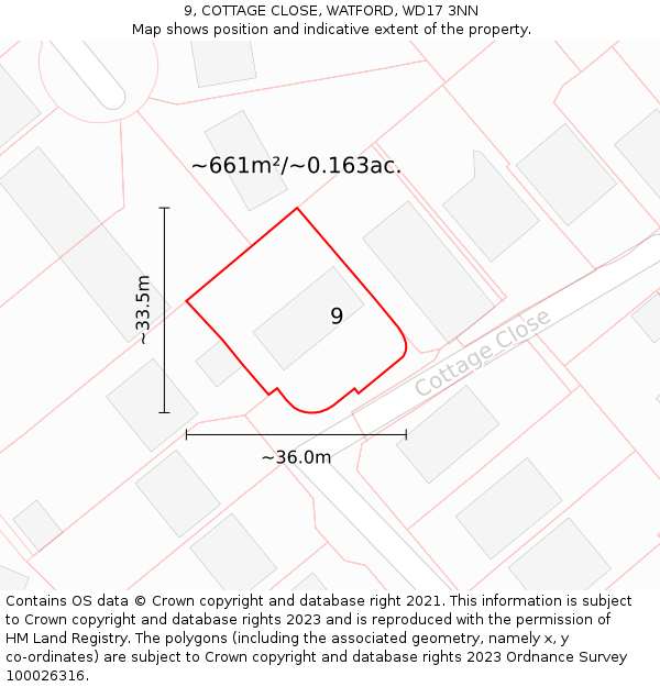 9, COTTAGE CLOSE, WATFORD, WD17 3NN: Plot and title map