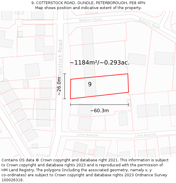 9, COTTERSTOCK ROAD, OUNDLE, PETERBOROUGH, PE8 4PN: Plot and title map