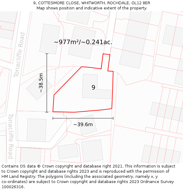 9, COTTESMORE CLOSE, WHITWORTH, ROCHDALE, OL12 8ER: Plot and title map