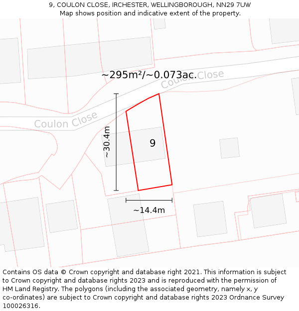 9, COULON CLOSE, IRCHESTER, WELLINGBOROUGH, NN29 7UW: Plot and title map