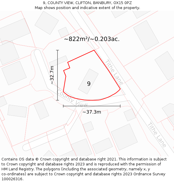 9, COUNTY VIEW, CLIFTON, BANBURY, OX15 0PZ: Plot and title map