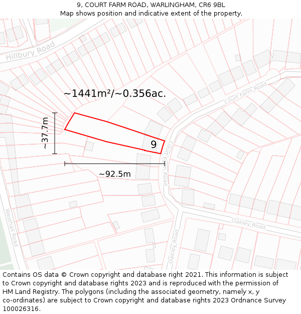 9, COURT FARM ROAD, WARLINGHAM, CR6 9BL: Plot and title map