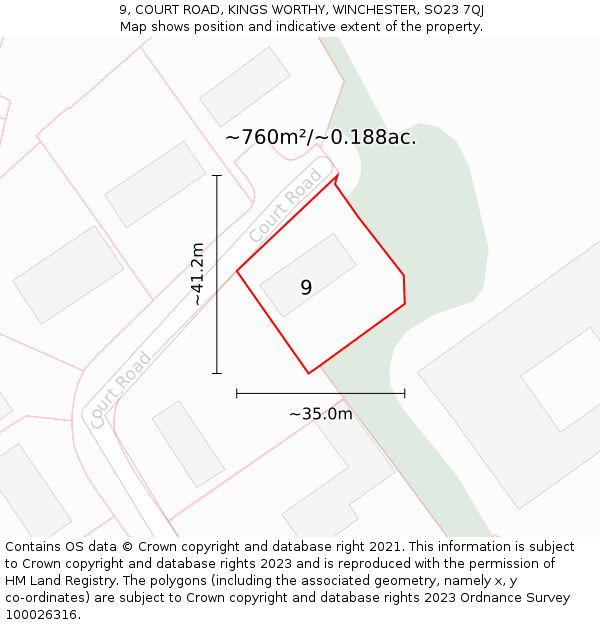 9, COURT ROAD, KINGS WORTHY, WINCHESTER, SO23 7QJ: Plot and title map