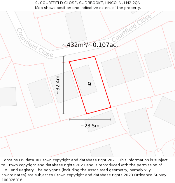9, COURTFIELD CLOSE, SUDBROOKE, LINCOLN, LN2 2QN: Plot and title map