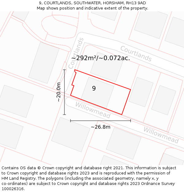 9, COURTLANDS, SOUTHWATER, HORSHAM, RH13 9AD: Plot and title map