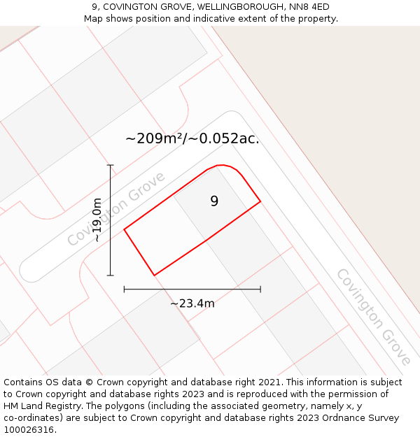 9, COVINGTON GROVE, WELLINGBOROUGH, NN8 4ED: Plot and title map