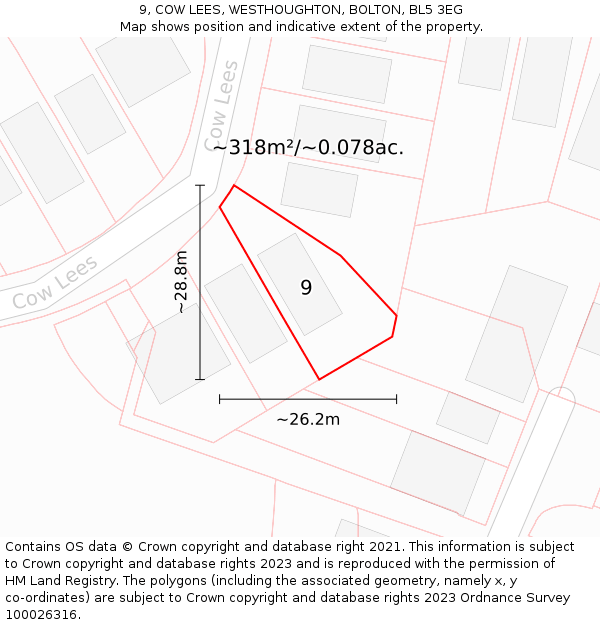 9, COW LEES, WESTHOUGHTON, BOLTON, BL5 3EG: Plot and title map