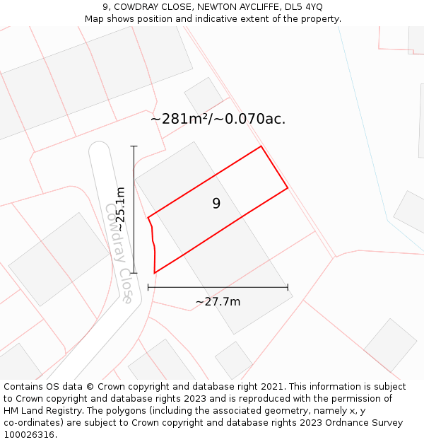 9, COWDRAY CLOSE, NEWTON AYCLIFFE, DL5 4YQ: Plot and title map