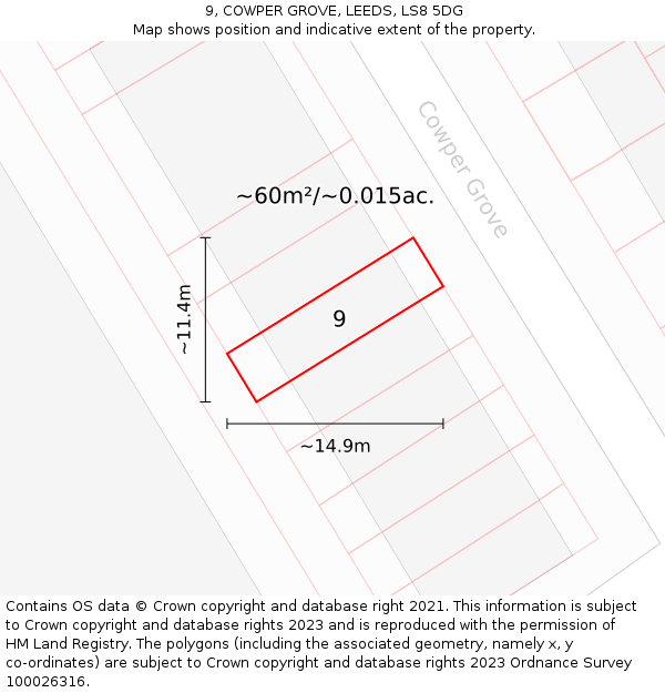 9, COWPER GROVE, LEEDS, LS8 5DG: Plot and title map