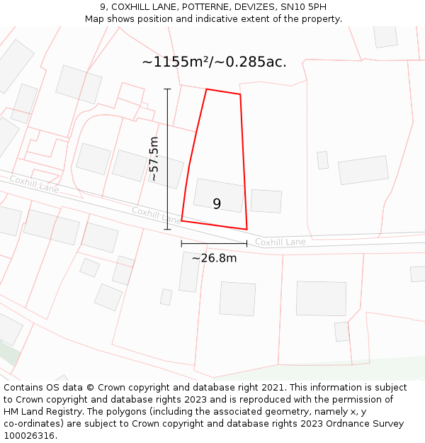 9, COXHILL LANE, POTTERNE, DEVIZES, SN10 5PH: Plot and title map