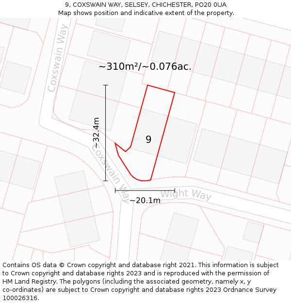 9, COXSWAIN WAY, SELSEY, CHICHESTER, PO20 0UA: Plot and title map