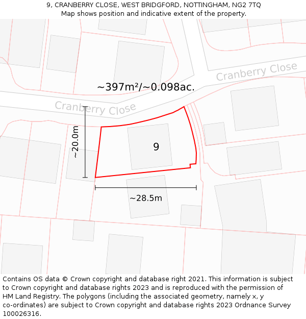 9, CRANBERRY CLOSE, WEST BRIDGFORD, NOTTINGHAM, NG2 7TQ: Plot and title map