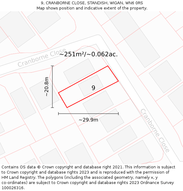 9, CRANBORNE CLOSE, STANDISH, WIGAN, WN6 0RS: Plot and title map