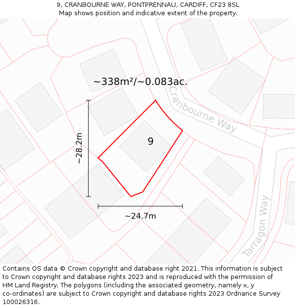 9, CRANBOURNE WAY, PONTPRENNAU, CARDIFF, CF23 8SL: Plot and title map