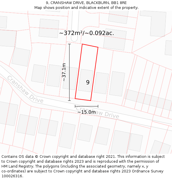 9, CRANSHAW DRIVE, BLACKBURN, BB1 8RE: Plot and title map