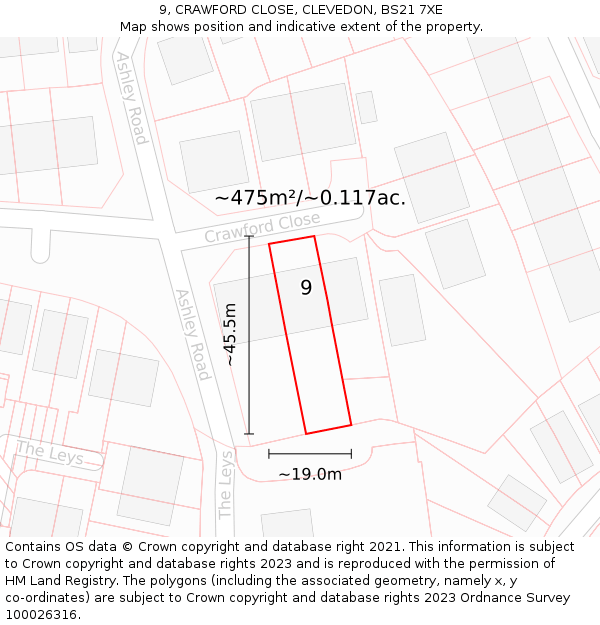 9, CRAWFORD CLOSE, CLEVEDON, BS21 7XE: Plot and title map