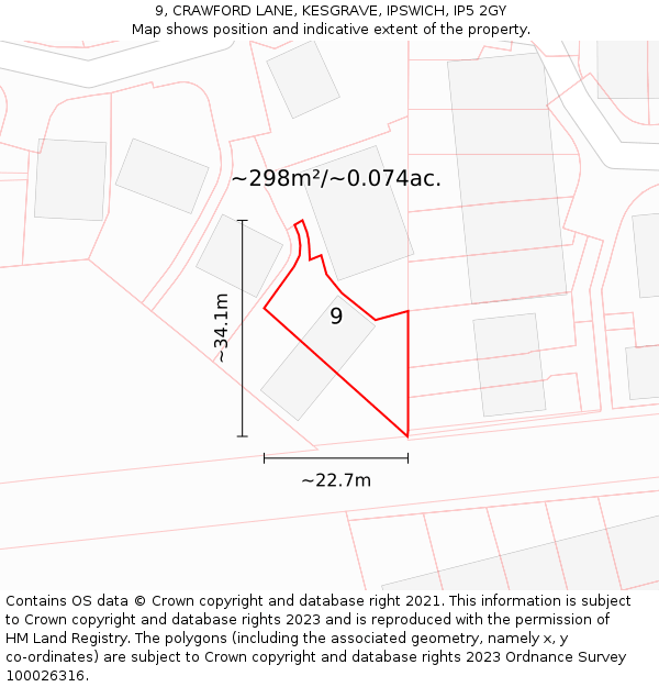 9, CRAWFORD LANE, KESGRAVE, IPSWICH, IP5 2GY: Plot and title map