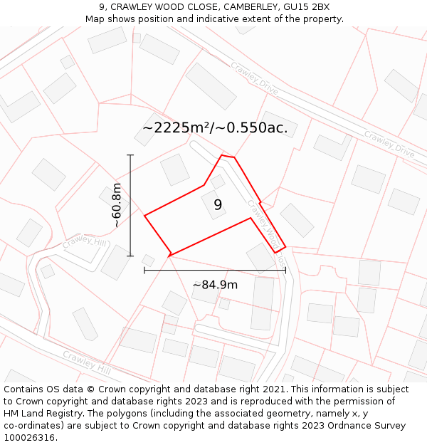 9, CRAWLEY WOOD CLOSE, CAMBERLEY, GU15 2BX: Plot and title map